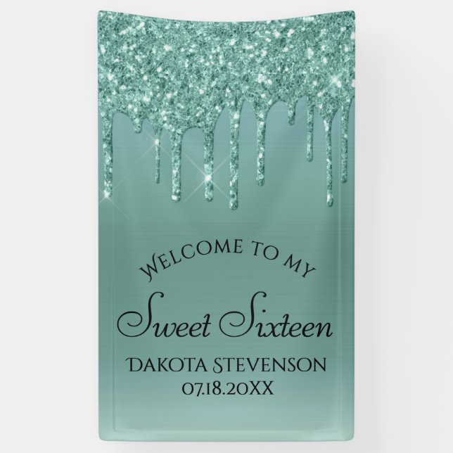 Dripping Mint Glitter | Aqua Teal Sweet Sixteen Banner (Vertical)
