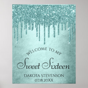 Dripping Mint Glitter   Aqua Teal Sweet Sixteen Poster
