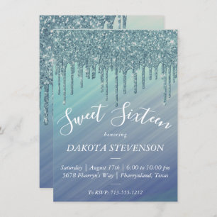 Dripping Ombre Green and Blue Sparkle Sweet 16 Invitation