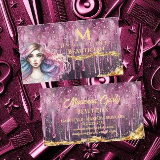 Dripping Pastel Magenta Gold Monogram Beautician  Business Card