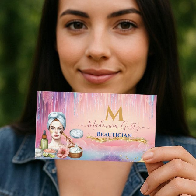 Dripping Pastel Pink Gold Monogram Beautician Chic Business Card (Dripping Pastel Pink Gold Monogram Beautician Chic Business Card)