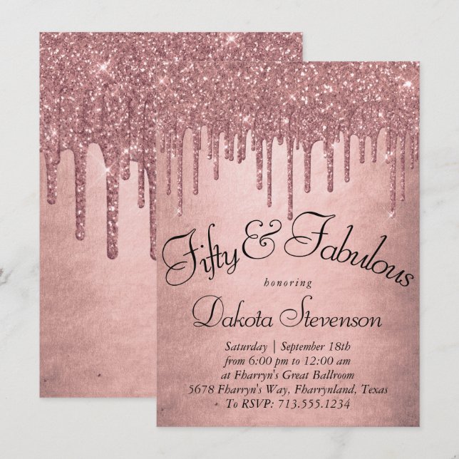 Dripping Peach Glitter | Terra Cotta Fabulous 50th Invitation (Front/Back)