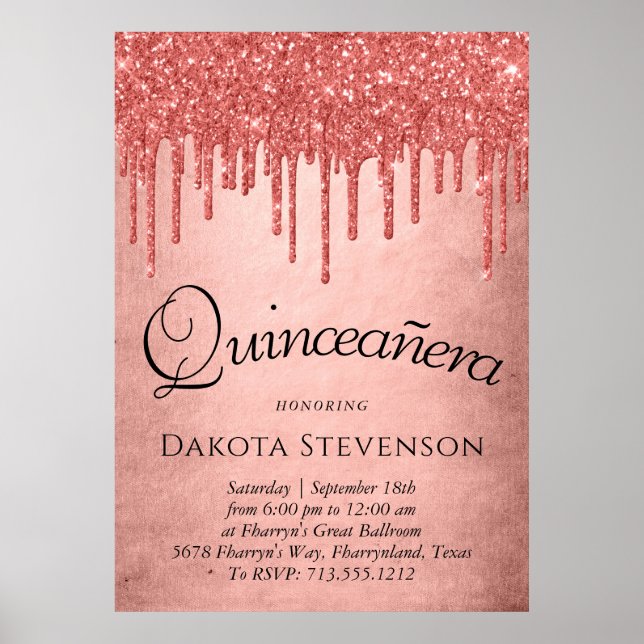 Dripping Peach Glitter | Terra Cotta Quinceanera Poster (Front)
