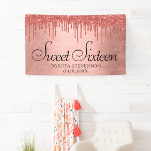 Dripping Peach Glitter Terra Cotta Sweet Sixteen Banner