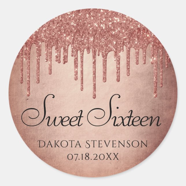 Dripping Peach Glitter | Terra Cotta Sweet Sixteen Classic Round Sticker (Front)