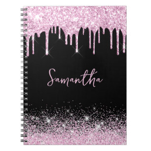 Dripping Pink Black Glitter Glam Name Notebook
