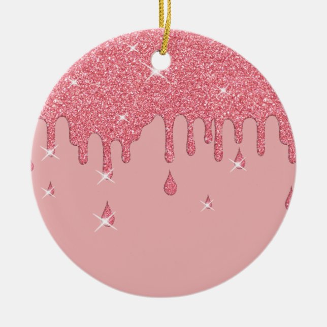 Dripping Pink Glitter Effect & Sparkles Ceramic Tree Decoration (Front)