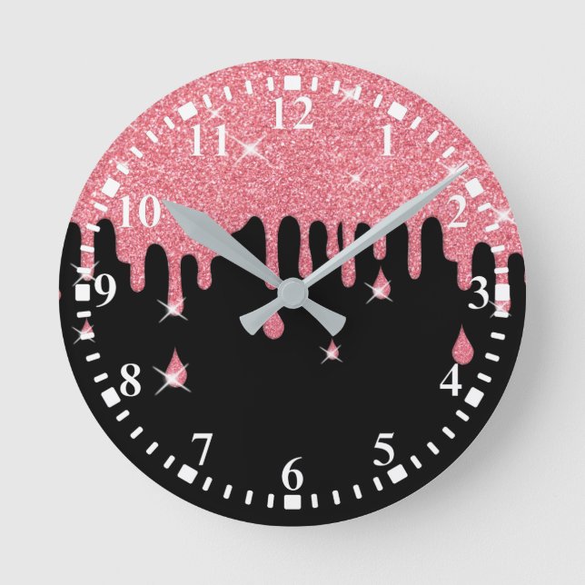 Dripping Pink Glitter Effect & Sparkles Round Clock (Front)