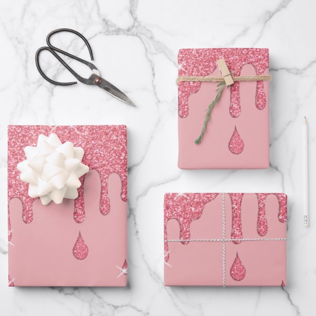 Dripping Pink Glitter Effect & Sparkles Wrapping Paper Sheet (Front)
