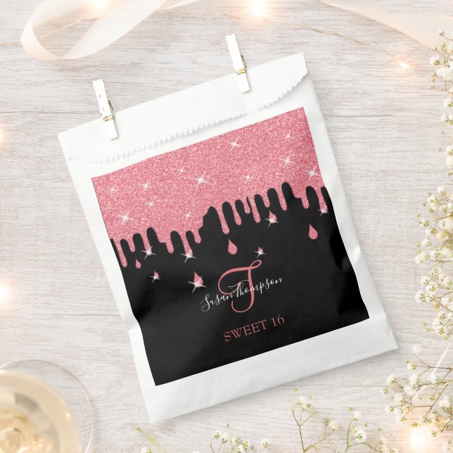 Dripping Pink Glitter Sparkles Girly Sweet 16 Favour Bags (Clipped)