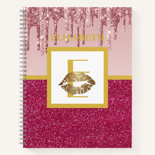 Dripping Pink Rose Gold Glitter Lips Monogram Girl Notebook (Front)
