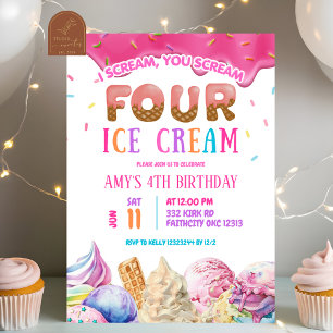 Dripping Pink Scream FOUR Ice Cream Birthday Party Invitation