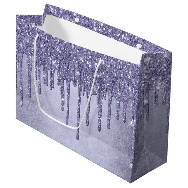 Dripping Purple Glitter | Chic Lavender Icing Pour Large Gift Bag (Front Angled)