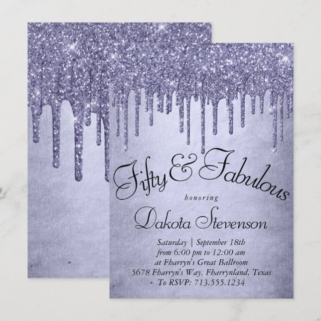 Dripping Purple Glitter | Lavender 50 and Fabulous Invitation (Front/Back)