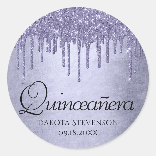 Dripping Purple Glitter | Lavender Quinceanera Classic Round Sticker (Front)