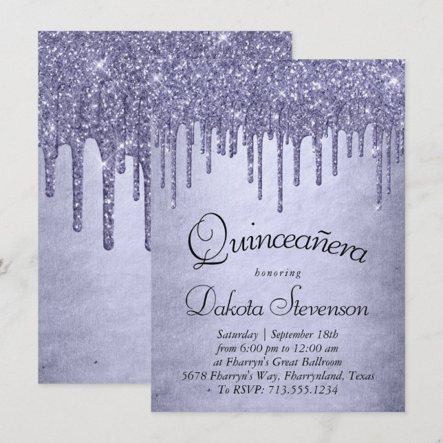 Dripping Purple Glitter | Lavender Quinceanera Invitation (Front/Back)