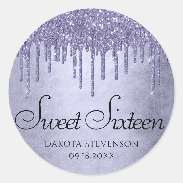 Dripping Purple Glitter | Lavender Sweet Sixteen Classic Round Sticker (Front)