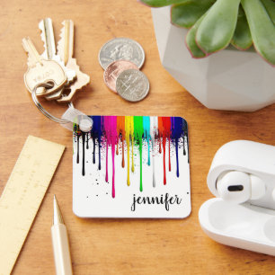 Dripping Rainbow Paint Monogram Key Ring