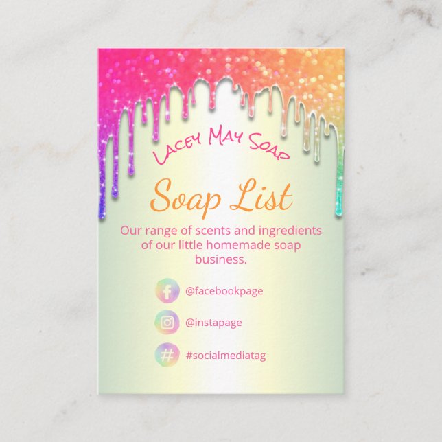 Dripping Rainbow Soap Fragrance Ingredients Business Card (Front)
