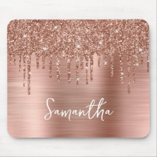 Dripping Rose Gold Glitter Glam Name Mouse Mat