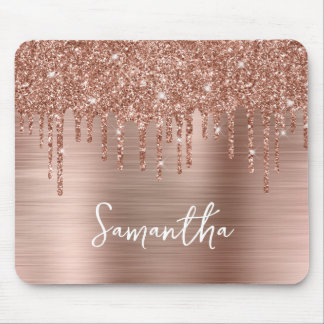 Dripping Rose Gold Glitter Glam Name Mouse Mat