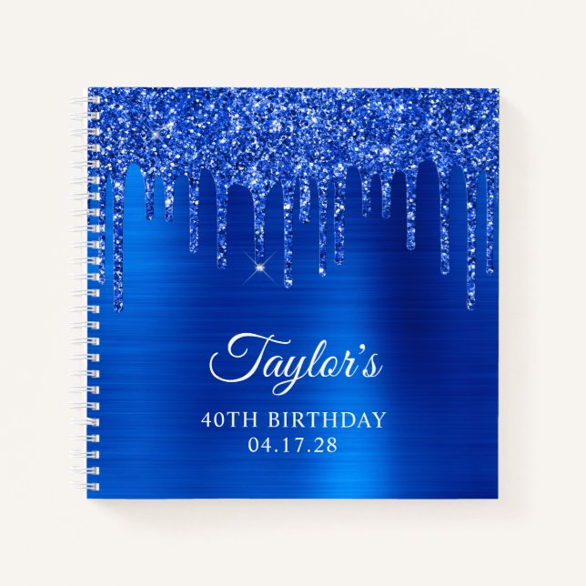 Dripping Royal Blue Glitter Glam 40th Birthday Notebook (Front)