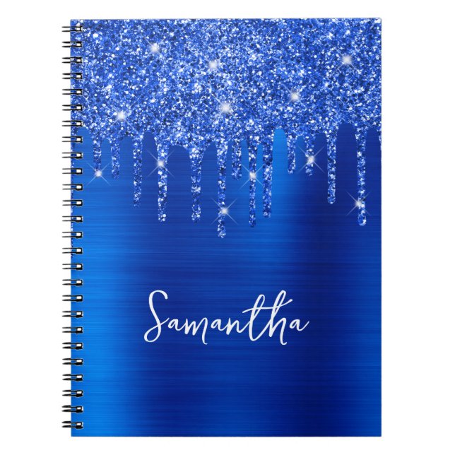 Dripping Royal Blue Glitter Glam Name Notebook (Front)