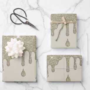 Dripping Silver Glitter Effect & Sparkles Wrapping Paper Sheet