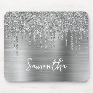 Dripping Silver Glitter Glam Name Mouse Mat