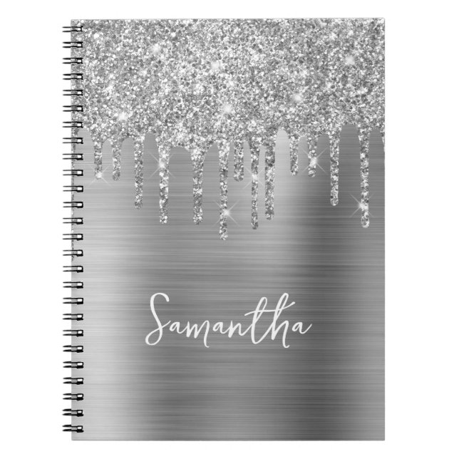 Dripping Silver Glitter Glam Name Notebook (Front)