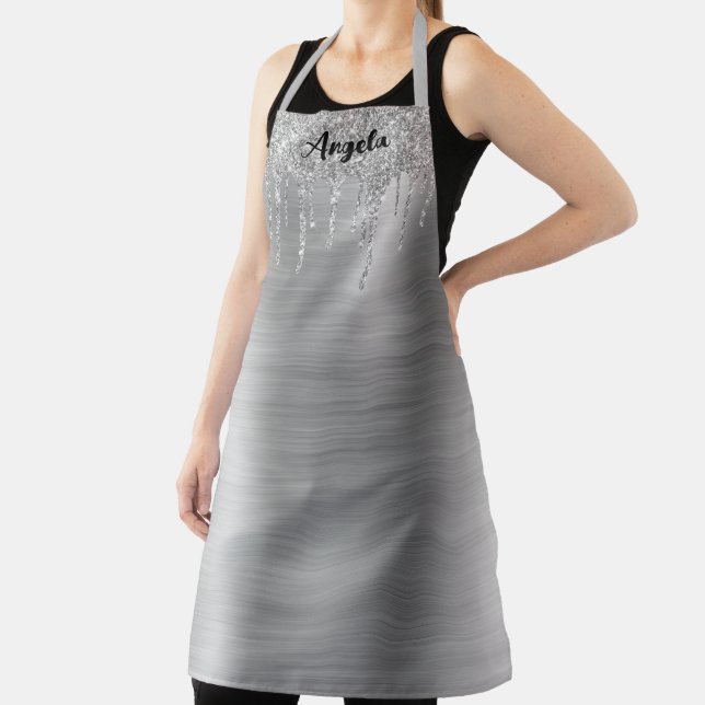 Dripping Silver Glitter Glam Personalised L Apron (Insitu)