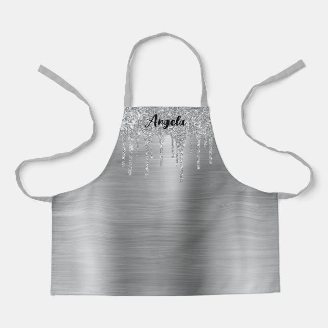 Dripping Silver Glitter Glam Personalised S Apron (Front)
