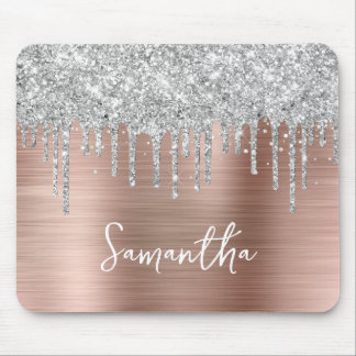 Dripping Silver Glitter Rose Gold Glam Mouse Mat