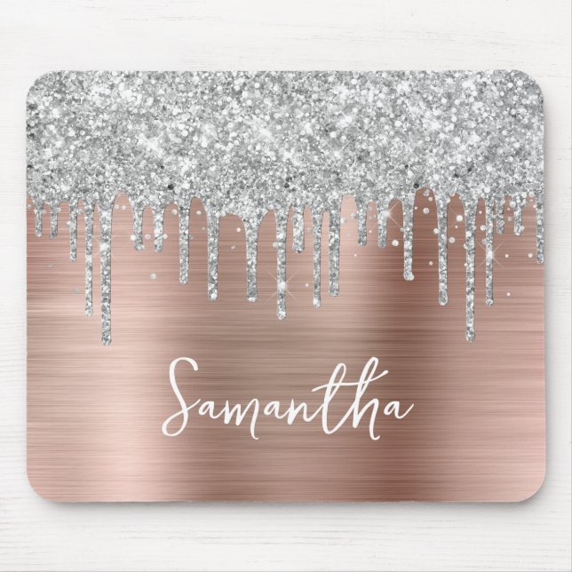 Dripping Silver Glitter Rose Gold Glam Mouse Mat (Front)