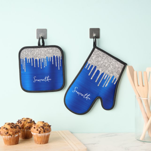 Dripping Silver Glitter Royal Blue Glam Name Oven Mitt & Pot Holder Set (Insitu(Hanging))