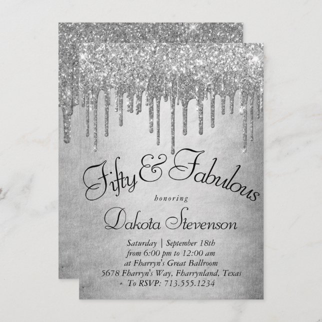 Dripping Silvery Glitter | Platinum Fabulous 50th Invitation (Front/Back)