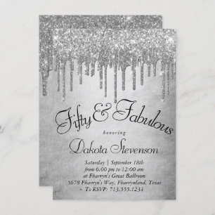 Dripping Silvery Glitter   Platinum Fabulous 50th Invitation