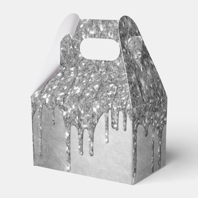Dripping Silvery Glitter | Platinum Faux Metallic Favour Box (Front Side)