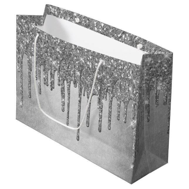 Dripping Silvery Glitter | Platinum Faux Metallic Large Gift Bag (Front Angled)
