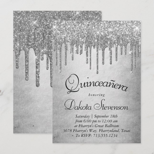 Dripping Silvery Glitter | Platinum Quinceanera Invitation (Front/Back)