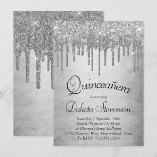 Dripping Silvery Glitter   Platinum Quinceanera Invitation