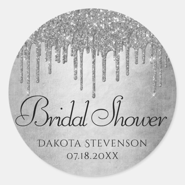 Dripping Silvery Glitter | Platinum Sparkle Shower Classic Round Sticker (Front)
