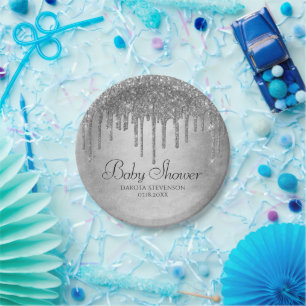 Dripping Silvery Glitter Platinum Sparkle Shower Paper Plate