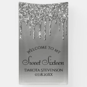 Dripping Silvery Glitter   Platinum Sweet Sixteen Banner