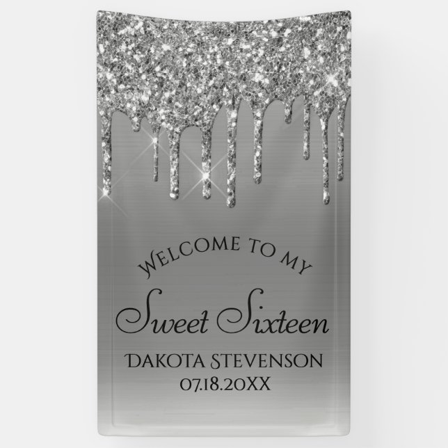 Dripping Silvery Glitter | Platinum Sweet Sixteen Banner (Vertical)