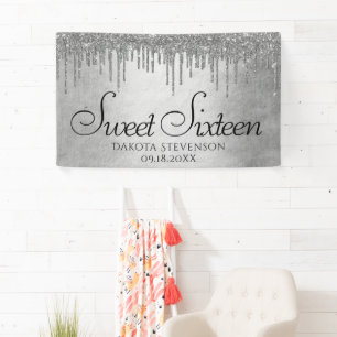 Dripping Silvery Glitter   Platinum Sweet Sixteen Banner