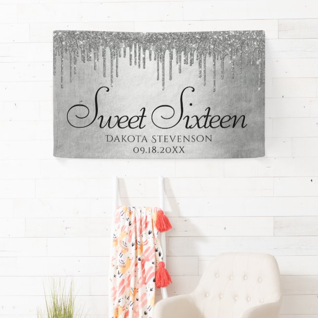 Dripping Silvery Glitter | Platinum Sweet Sixteen Banner (Insitu)