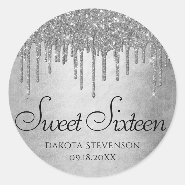 Dripping Silvery Glitter | Platinum Sweet Sixteen Classic Round Sticker (Front)