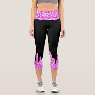 Dripping Sparkles Glitter Pink Black Capri Leggings