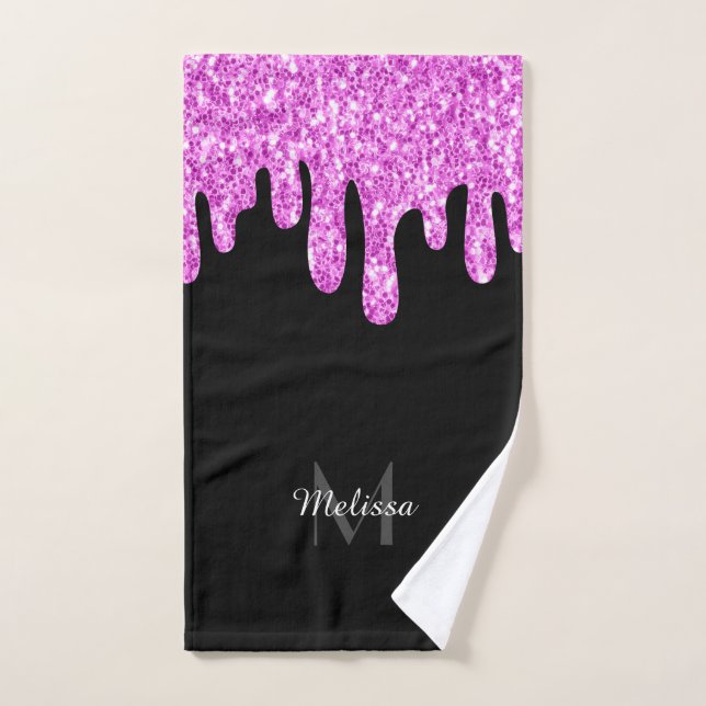 Dripping Sparkles Glitter Pink Black Monogram Bath Towel Set (Hand Towel)